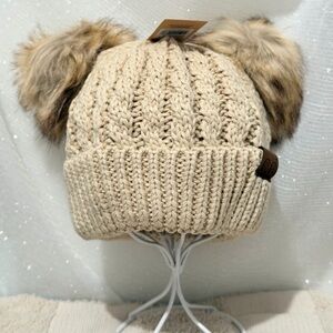 C.C beige Knit Beanie with Faux Fur Pom Pom